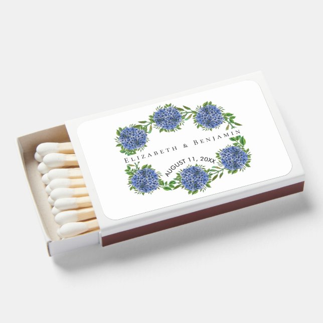 Personalized Blue Hydrangeas Elegant Wedding Favor Matchboxes (Front Open)
