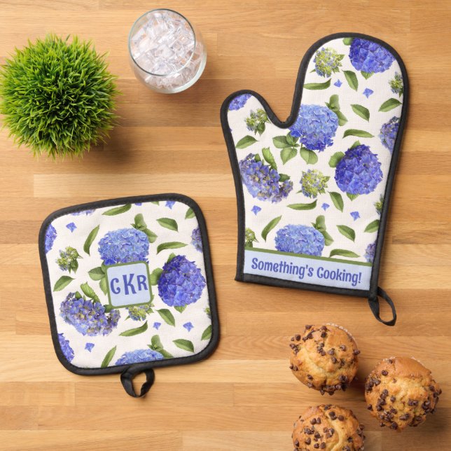 Personalized Blue Hydrangeas Floral Botanical Art  Oven Mitt & Pot Holder Set (Top Down)