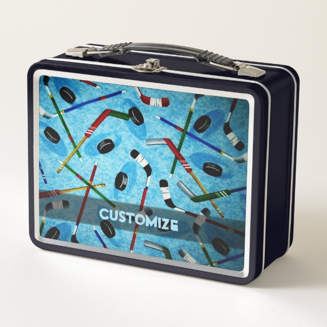 Personalized Blue Ice Hockey Metal Lunch Box (Front)