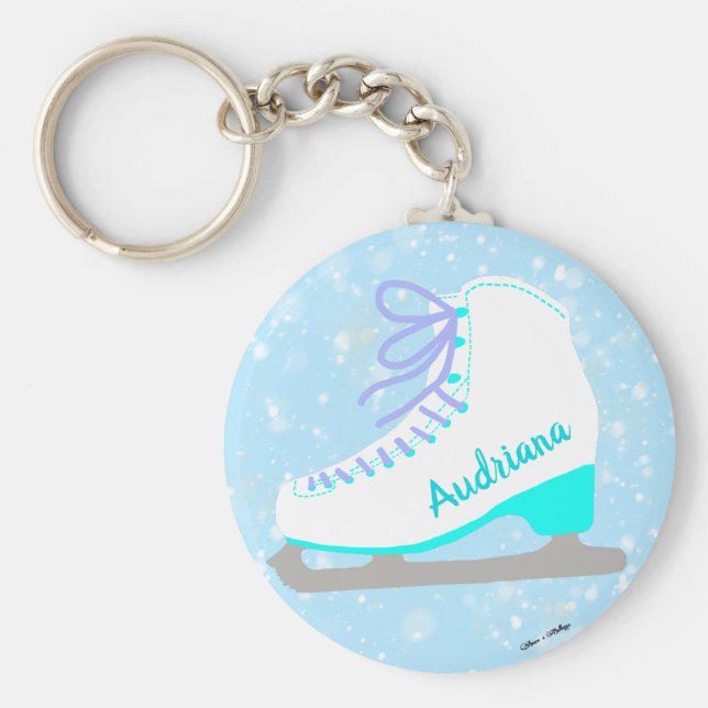 Personalized Blue Ice Skates Cute Figure Skater's Keychain (Front)