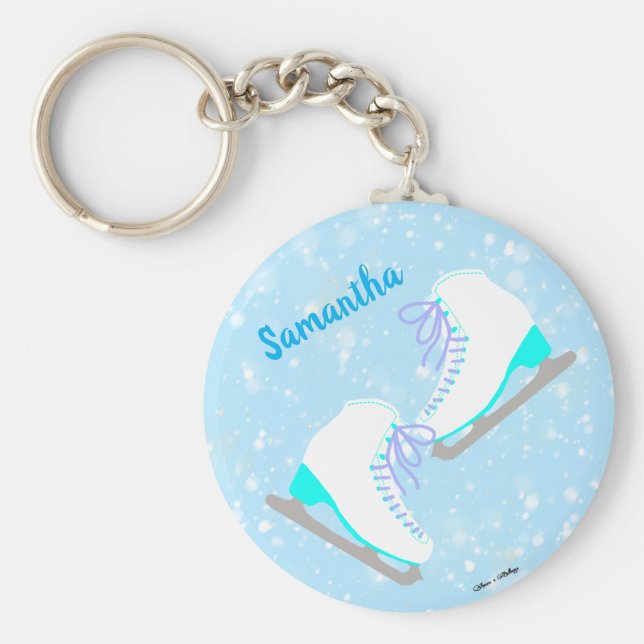 Personalized Blue Ice Skates Cute Kawaii Figure Keychain (Front)