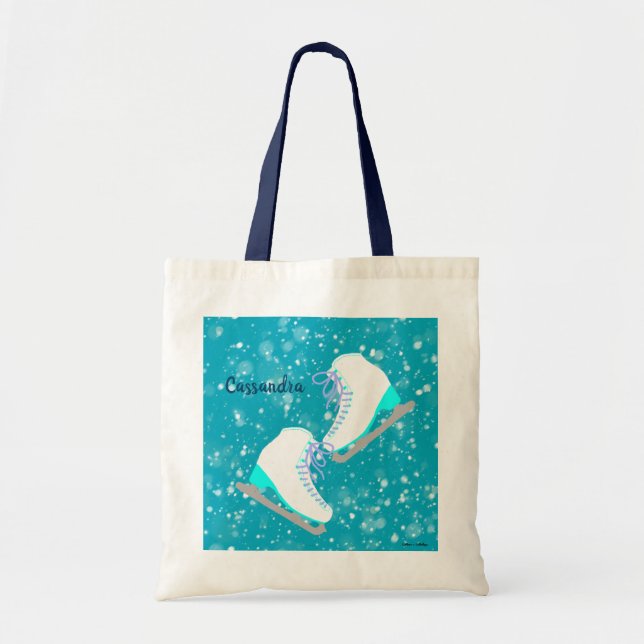 Personalized Blue Ice Skates Pattern Figure Skater Tote Bag (Front)
