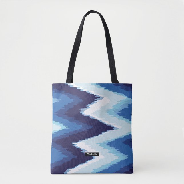 Personalized Blue Ikat Chevron Pattern Bridesmaid Tote Bag (Front)