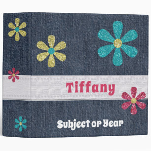 Personalized Blue Jean Denim Retro Glitter Floral 3 Ring Binder