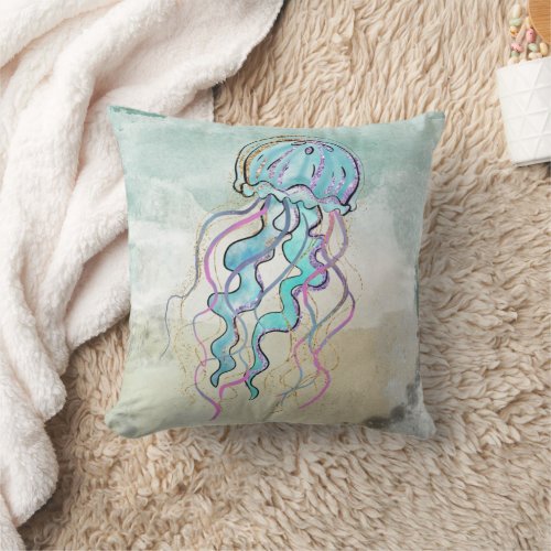 Personalized Blue JellyFish Gold Glitter Throw Pillow