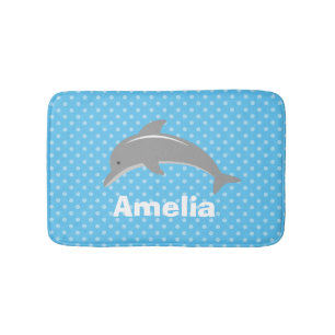 Personalized blue kids bath mat with cute dolphin