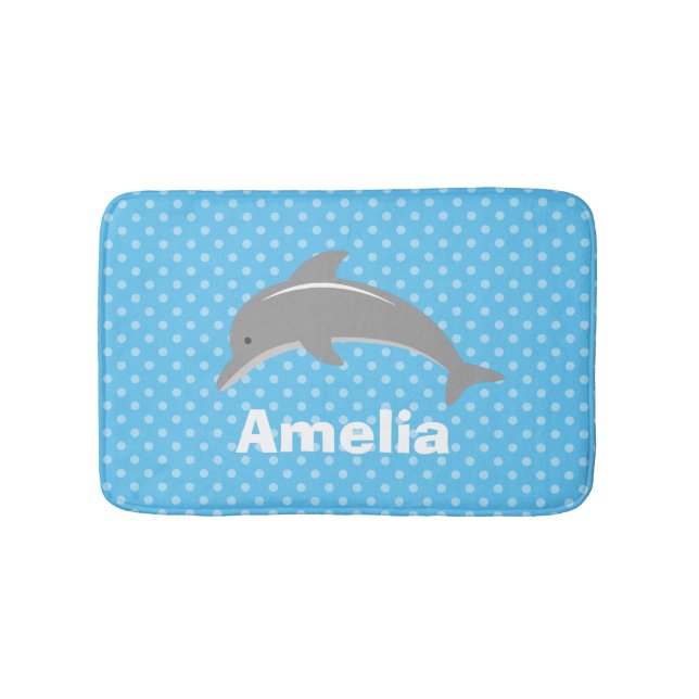 Personalized blue kids bath mat with cute dolphin (Front)