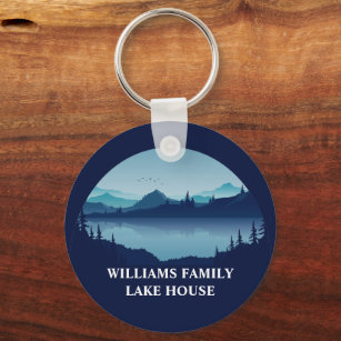 Personalized Blue Lake House Vacation Home Keychain
