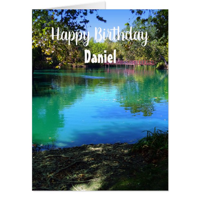 Personalized Blue Lake Tall Trees Jumbo Birthday  Card (Front)