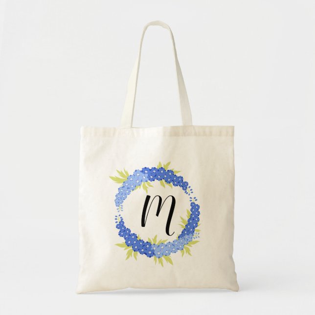 Personalized Blue Larkspur Floral Tote Bag (Front)
