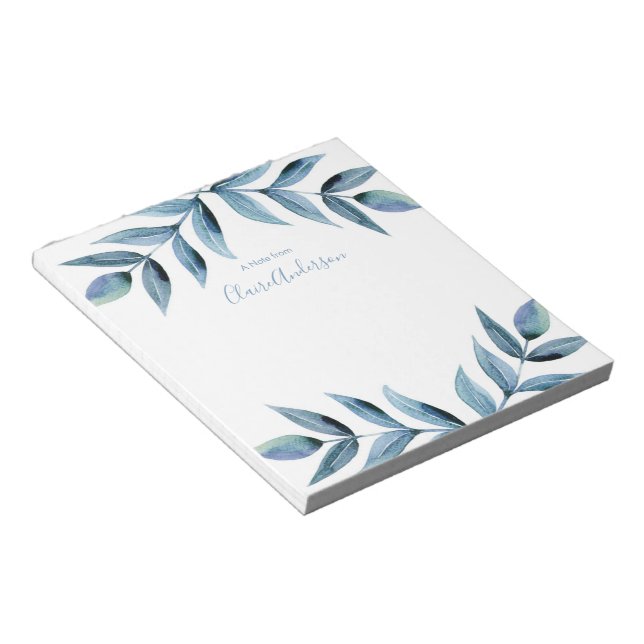 Personalized blue leaves watercolor Notepad (Angled)