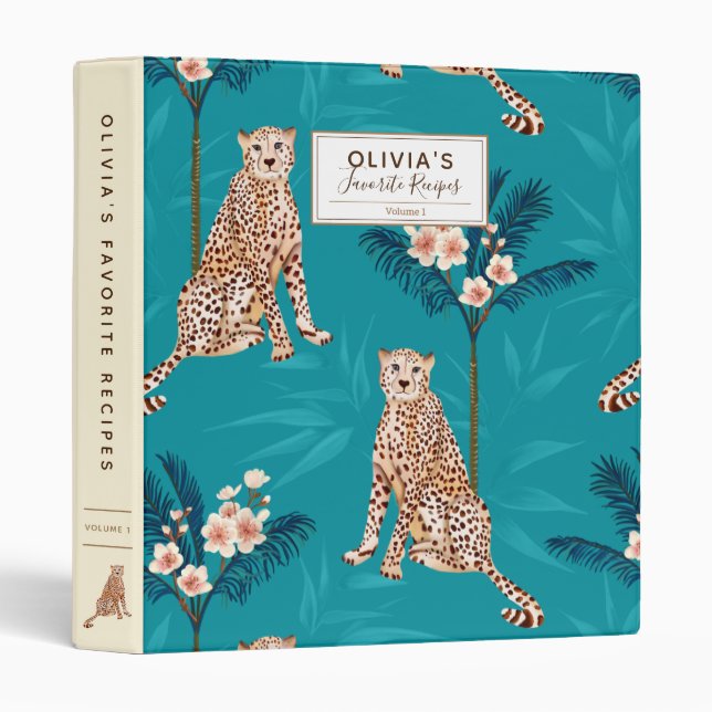 Personalized Blue Leopard Floral Palm Tree Pattern 3 Ring Binder (Front/Spine)