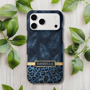 Personalized Blue Leopard Print Tropical Floral iPhone 17 Pro Max Case