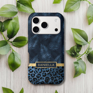 Personalized Blue Leopard Print Tropical Floral iPhone 17 Pro Case
