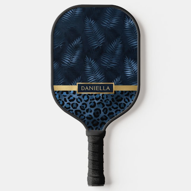 Personalized Blue Leopard Print Tropical Floral Pickleball Paddle (Front)