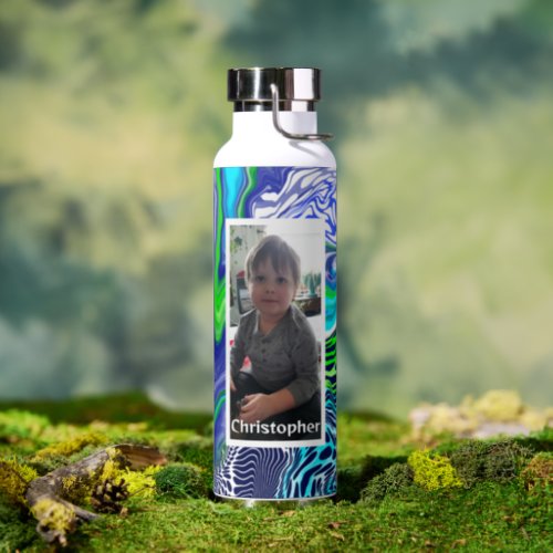 Personalized Blue Lime Green Digital Pour Paint  Water Bottle