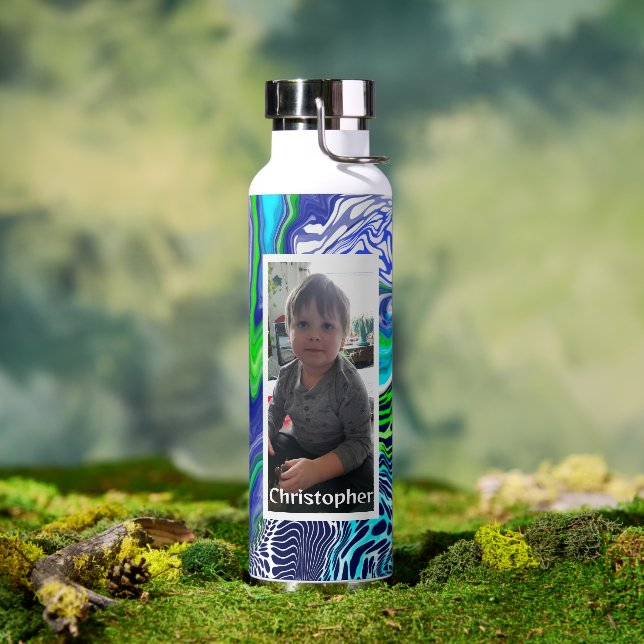 Personalized Blue Lime Green Digital Pour Paint  Water Bottle (Outdoor)