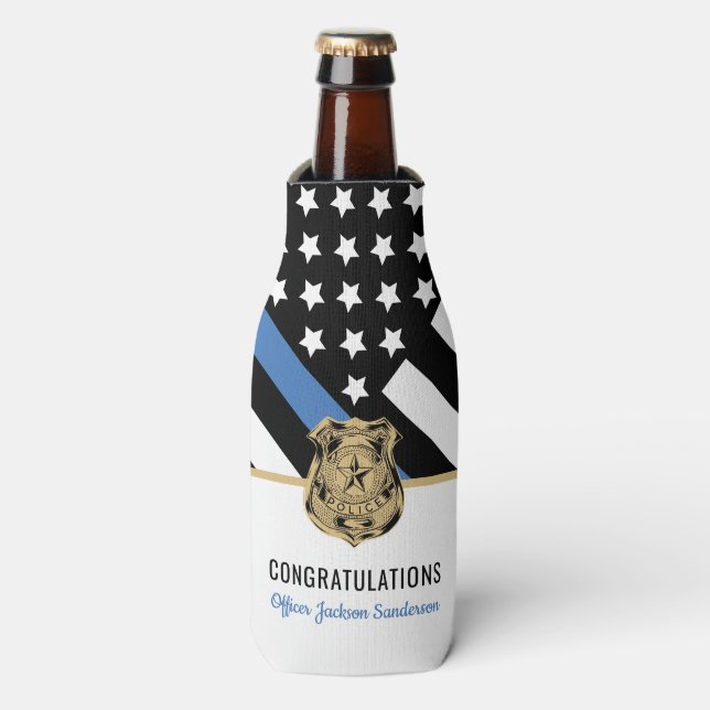 Personalized Blue Line Police Retirement Party Bottle Cooler (Bottle Front)