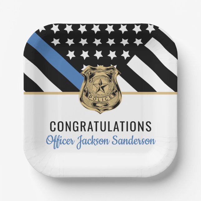 Personalized Blue Line Police Retirement Party Paper Plates (Front)