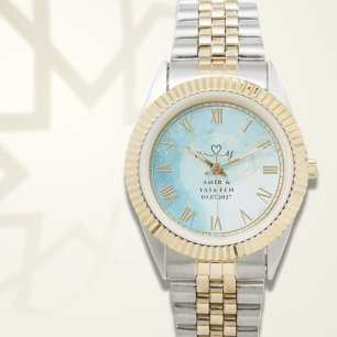 Personalized Blue Marble Men’s Two-Tone Gold & Sil Watch