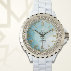 Personalized Blue Marble Women’s Rhinestone Watch