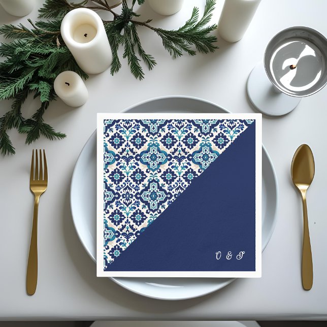 Personalized Blue Mediterranean Tile Wedding Napkins (Creator Uploaded)