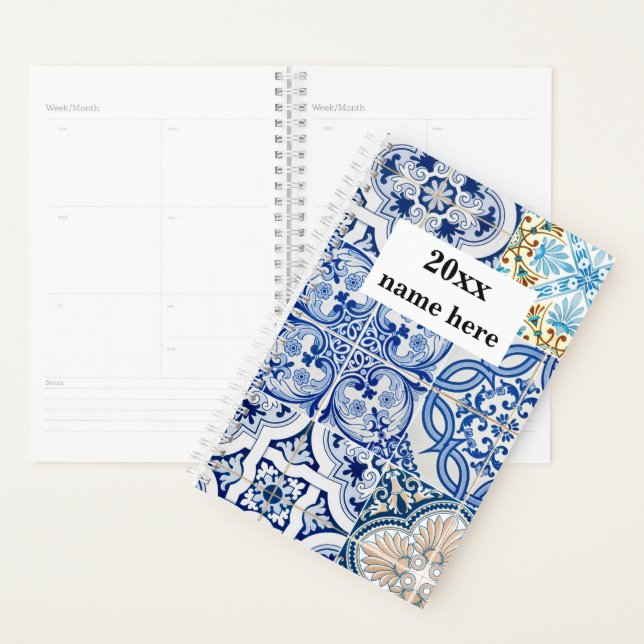 Personalized Blue Mediterranean Tiles Planner (Display)