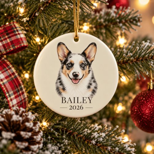 Personalized Blue Merle Corgi Name & Year Ceramic Ornament