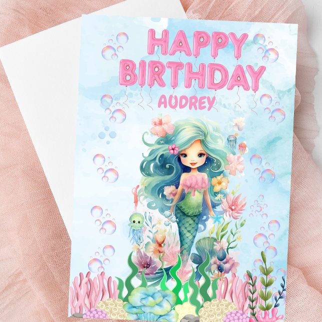 Personalized Blue Mermaid Happy Birthday Card (Personalized Mermaid Happy Birthday Card)
