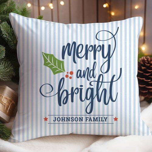 Personalized Blue Merry and Bright Christmas Throw Pillow