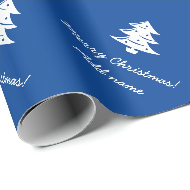 Personalized blue Merry Christmas tree holiday Wrapping Paper (Roll Corner)