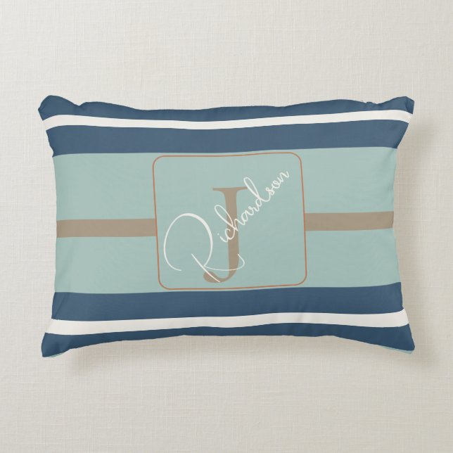 Personalized Blue Mint Tan Stripe Monogram Coastal Accent Pillow (Front)