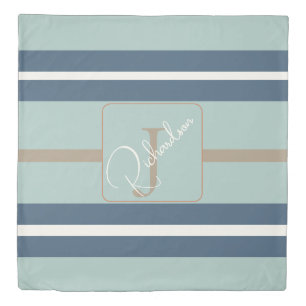 Personalized Blue Mint Tan Stripe Monogram Coastal Duvet Cover