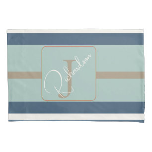 Personalized Blue Mint Tan Stripe Monogram Coastal Pillow Case