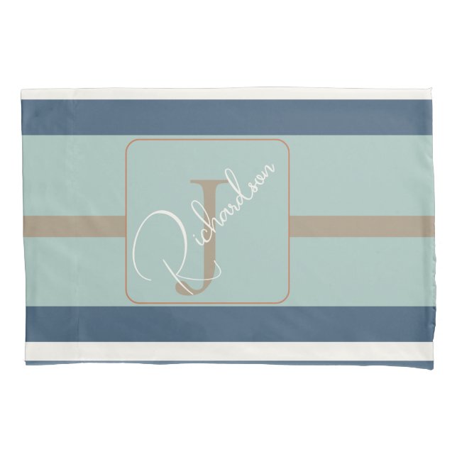 Personalized Blue Mint Tan Stripe Monogram Coastal Pillow Case (Front)