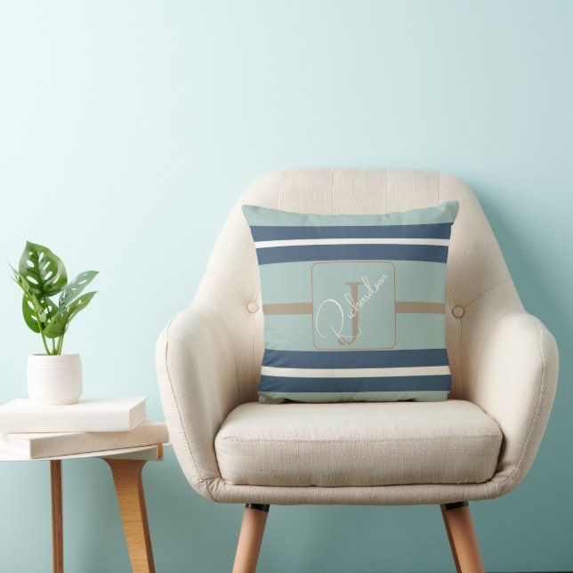 Personalized Blue Mint Tan Stripe Monogram Coastal Throw Pillow (Chair)