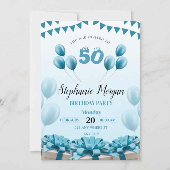 Personalized Blue Modern 50TH Birthday Party  Invitation (Front)