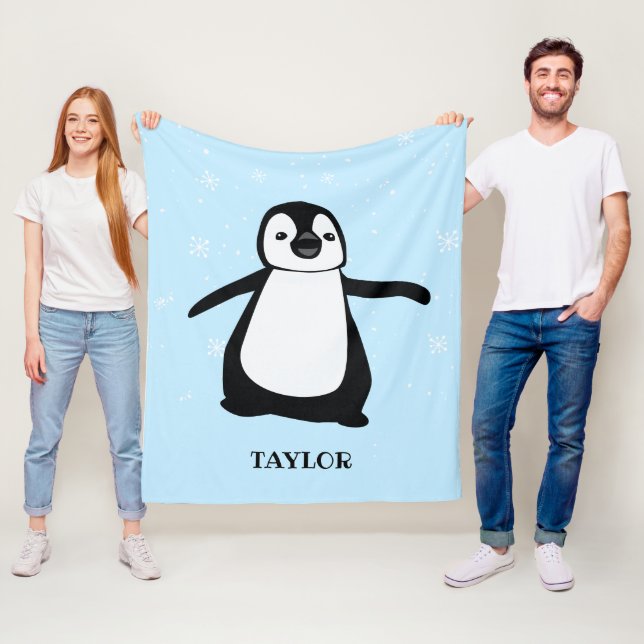 Personalized Blue modern snowy cute baby penguin Fleece Blanket (In Situ)