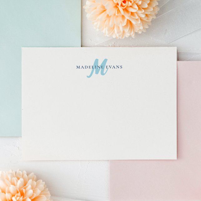 Personalized Blue Monogram Elegant Custom Name Note Card (Creator Uploaded)