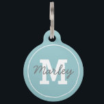 Personalized Blue Monogram Pet Name Pet ID Tag<br><div class="desc">Modern pet ID tags featuring a blue background,  your dogs initial,  name and your phone number on the back.</div>