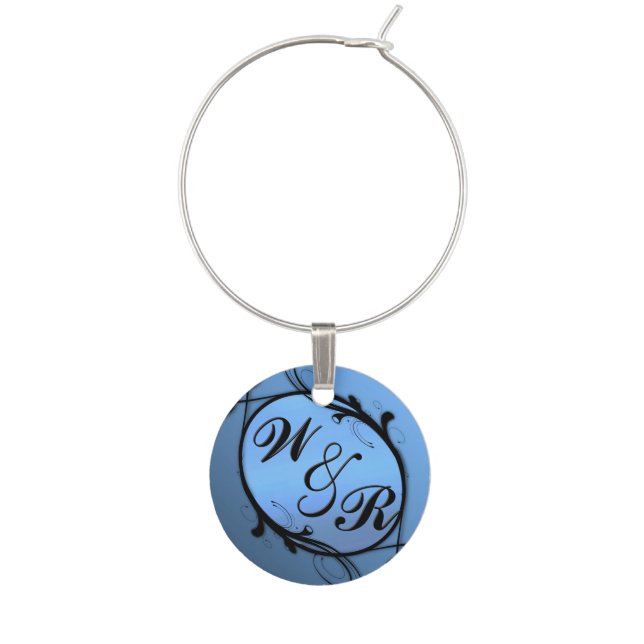Personalized Blue Monogram Wine Tag Wine Glass Charm (Front)