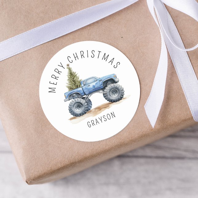 Personalized Blue Monster Truck Christmas Gift Classic Round Sticker (Creator Uploaded)