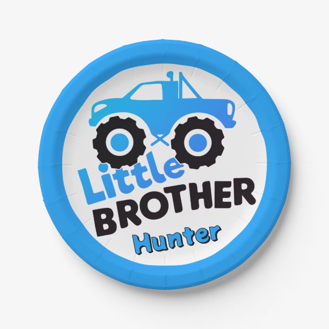 Personalized Blue Monster Truck Little Brother Paper Plates (Front)