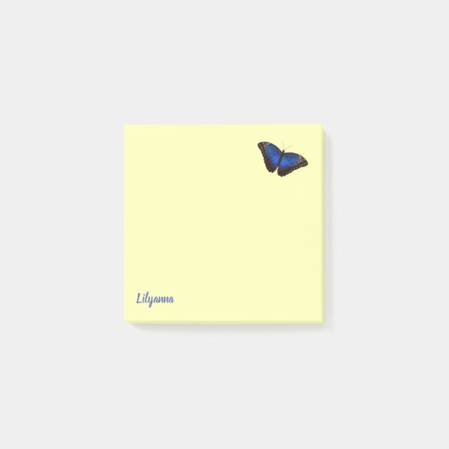 Personalized Blue Morpho Butterfly on Pale Yellow Post-it Notes (Front)