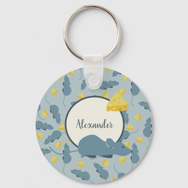 Personalized Blue Mouse and Cheese Keychain (Front)