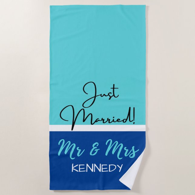 Personalized Blue Mr And Mrs Just Married Beach Towel (Front)