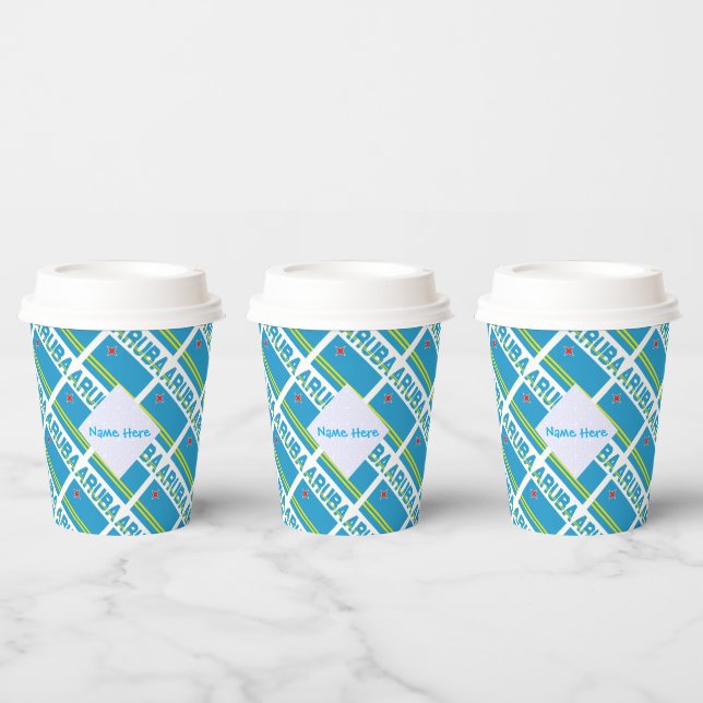 Personalized Blue Name Aruba Flag Tiled Party Paper Cups (Multi)