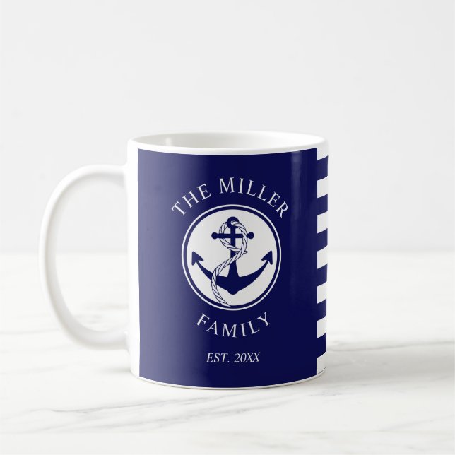 Personalized Blue Nautical Anchor Family Name Coffee Mug (Left)