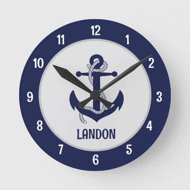 Personalized blue navy nautical marine anchor  rou round clock (Front)