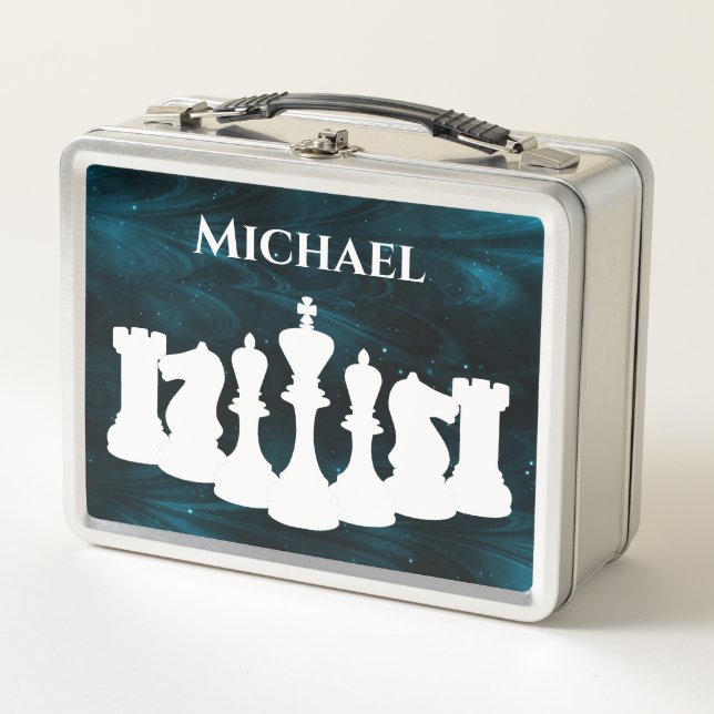 Personalized Blue Nebula Chess Piece King Metal Lunch Box (Front)